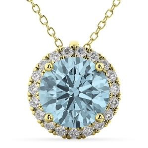 Halo Round Aquamarine and Diamond Pendant Necklace 14k Yellow Gold 2.69ct - All