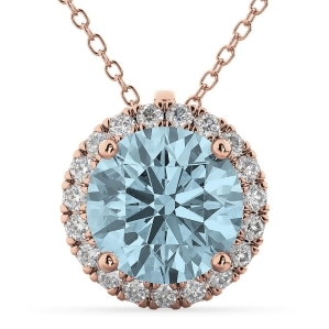 Halo Round Aquamarine and Diamond Pendant Necklace 14k Rose Gold 2.69ct - All
