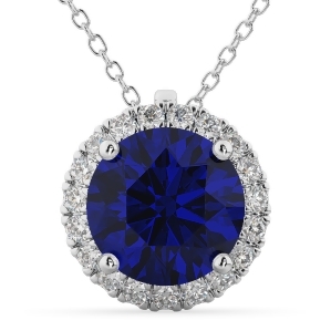 Halo Blue Sapphire and Diamond Pendant Necklace 14k White Gold 2.59ct - All