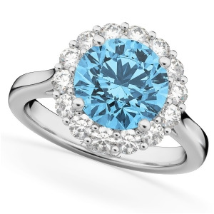 Halo Round Blue Topaz and Diamond Engagement Ring 14K White Gold 4.45ct - All