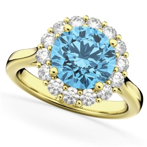 Halo Round Blue Topaz and Diamond Engagement Ring 14K Yellow Gold 4.45ct - All
