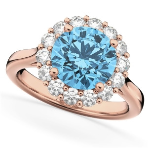 Halo Round Blue Topaz and Diamond Engagement Ring 14K Rose Gold 4.45ct - All