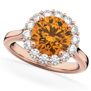Halo Round Citrine and Diamond Engagement Ring 14K Rose Gold 3.70ct - All