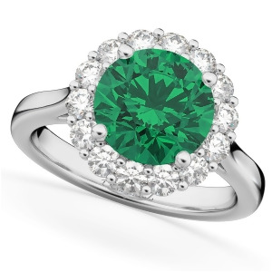 Halo Round Emerald and Diamond Engagement Ring 14K White Gold 4.40ct - All