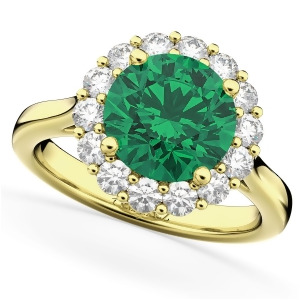 Halo Round Emerald and Diamond Engagement Ring 14K Yellow Gold 4.40ct - All