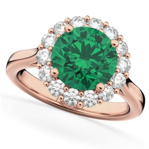 Halo Round Emerald and Diamond Engagement Ring 14K Rose Gold 4.40ct - All