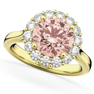Halo Round Morganite and Diamond Engagement Ring 14K Yellow Gold 3.10ct - All