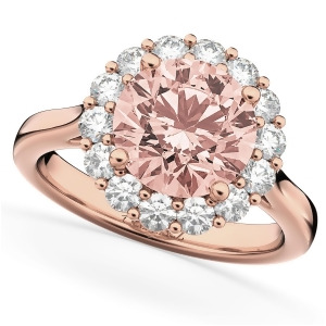Halo Round Morganite and Diamond Engagement Ring 14K Rose Gold 3.10ct - All