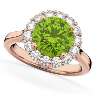 Halo Round Peridot and Diamond Engagement Ring 14K Rose Gold 4.45ct - All