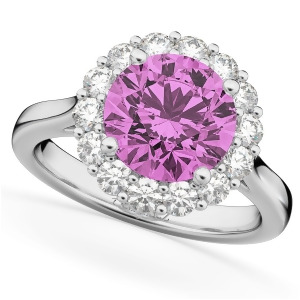 Halo Round Pink Sapphire and Diamond Engagement Ring 14K White Gold 4.45ct - All