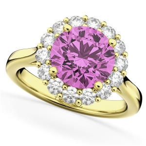 Halo Round Pink Sapphire and Diamond Engagement Ring 14K Yellow Gold 4.45ct - All