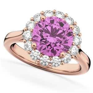 Halo Round Pink Sapphire and Diamond Engagement Ring 14K Rose Gold 4.45ct - All