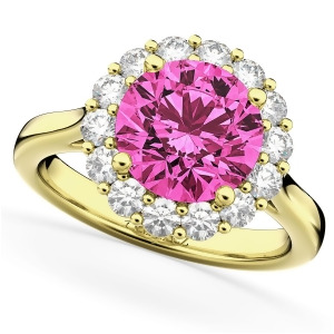 Halo Round Pink Tourmaline and Diamond Engagement Ring 14K Yellow Gold 3.20ct - All