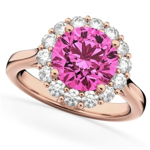 Halo Round Pink Tourmaline and Diamond Engagement Ring 14K Rose Gold 3.20ct - All
