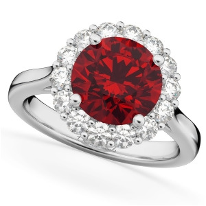 Halo Round Ruby and Diamond Engagement Ring 14K White Gold 4.45ct - All