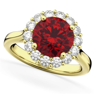 Halo Round Ruby and Diamond Engagement Ring 14K Yellow Gold 4.45ct - All
