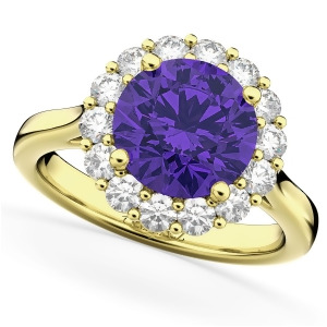Halo Round Tanzanite and Diamond Engagement Ring 14K Yellow Gold 3.10ct - All