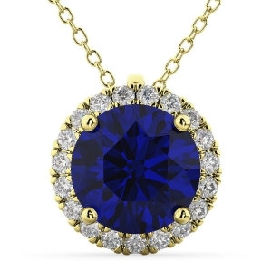 Halo Blue Sapphire and Diamond Pendant Necklace 14k Yellow Gold 2.59ct - All