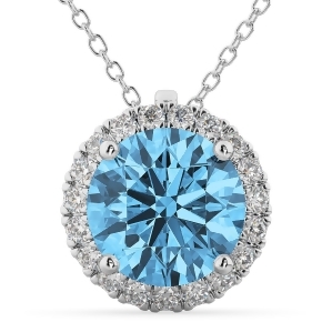 Halo Round Blue Topaz and Diamond Pendant Necklace 14k White Gold 2.79ct - All