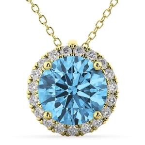 Halo Round Blue Topaz and Diamond Pendant Necklace 14k Yellow Gold 2.79ct - All