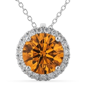 Halo Round Citrine and Diamond Pendant Necklace 14k White Gold 2.09ct - All
