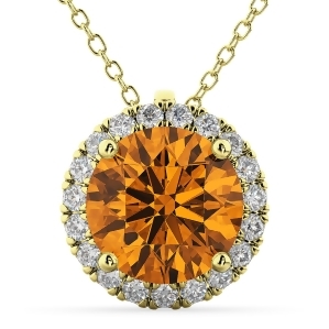 Halo Round Citrine and Diamond Pendant Necklace 14k Yellow Gold 2.09ct - All