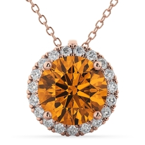 Halo Round Citrine and Diamond Pendant Necklace 14k Rose Gold 2.09ct - All