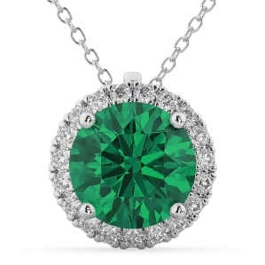 Halo Round Emerald and Diamond Pendant Necklace 14k White Gold 2.79ct - All