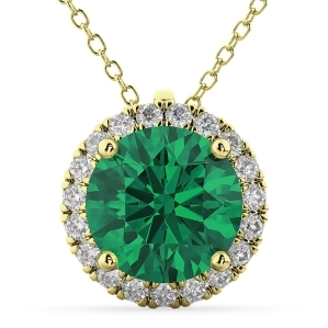 Halo Round Emerald and Diamond Pendant Necklace 14k Yellow Gold 2.79ct - All
