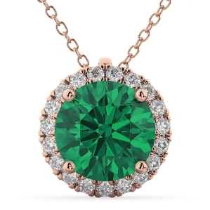 Halo Round Emerald and Diamond Pendant Necklace 14k Rose Gold 2.79ct - All