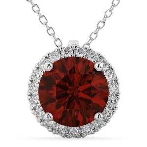 Halo Round Garnet and Diamond Pendant Necklace 14k White Gold 2.79ct - All