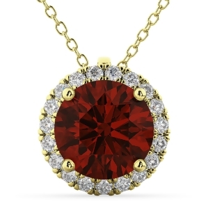Halo Round Garnet and Diamond Pendant Necklace 14k Yellow Gold 2.79ct - All