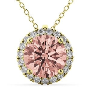 Halo Round Morganite and Diamond Pendant Necklace 14k Yellow Gold 2.09ct - All