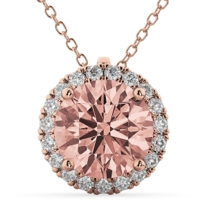 Halo Round Morganite and Diamond Pendant Necklace 14k Rose Gold 2.09ct - All