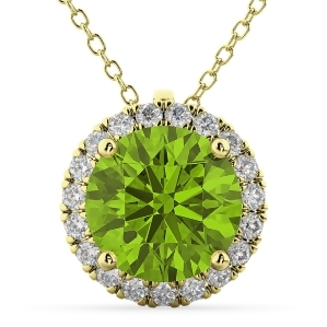 Halo Round Peridot and Diamond Pendant Necklace 14k Yellow Gold 2.29ct - All