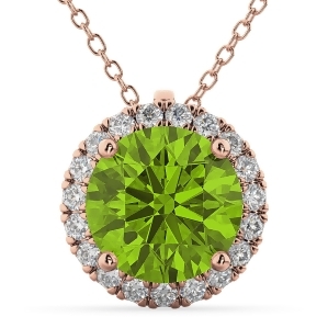 Halo Round Peridot and Diamond Pendant Necklace 14k Rose Gold 2.29ct - All