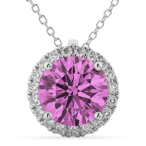 Halo Round Pink Sapphire and Diamond Pendant Necklace 14k White Gold 2.59ct - All