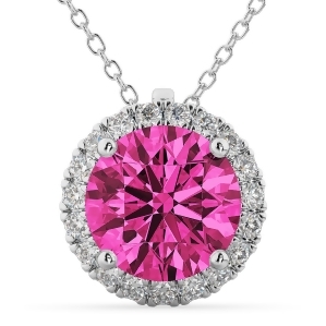 Halo Round Pink Tourmaline and Diamond Pendant Necklace 14k White Gold 2.29ct - All