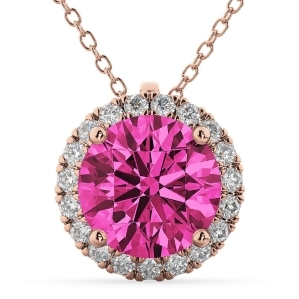 Halo Round Pink Tourmaline and Diamond Pendant Necklace 14k Rose Gold 2.29ct - All