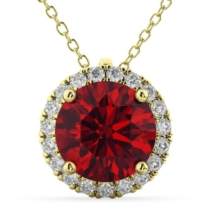 Halo Round Ruby and Diamond Pendant Necklace 14k Yellow Gold 2.59ct - All