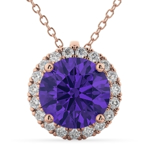 Halo Round Tanzanite and Diamond Pendant Necklace 14k Rose Gold 2.09ct - All