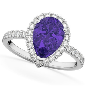 Pear Cut Halo Tanzanite and Diamond Engagement Ring 14K White Gold 1.54ct - All