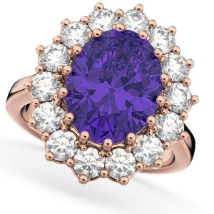 Oval Tanzanite and Diamond Halo Lady Di Ring 14k Rose Gold 6.40ct - All