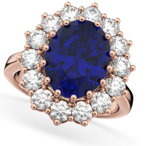 Oval Blue Sapphire and Diamond Halo Lady Di Ring 14k Rose Gold 6.40ct - All