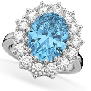 Oval Blue Topaz and Diamond Halo Lady Di Ring 14k White Gold 6.40ct - All