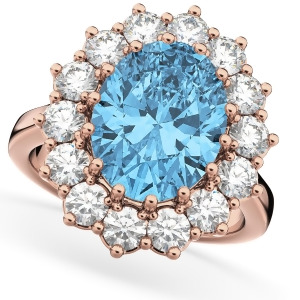 Oval Blue Topaz and Diamond Halo Lady Di Ring 14k Rose Gold 6.40ct - All