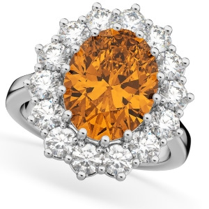 Oval Citrine and Diamond Halo Lady Di Ring 14k White Gold 6.40ct - All