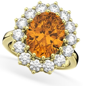 Oval Citrine and Diamond Halo Lady Di Ring 14k Yellow Gold 6.40ct - All
