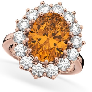 Oval Citrine and Diamond Halo Lady Di Ring 14k Rose Gold 6.40ct - All