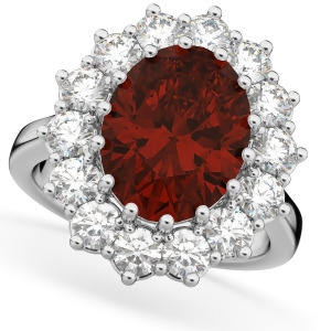 Oval Garnet and Diamond Halo Lady Di Ring 14k White Gold 6.40ct - All